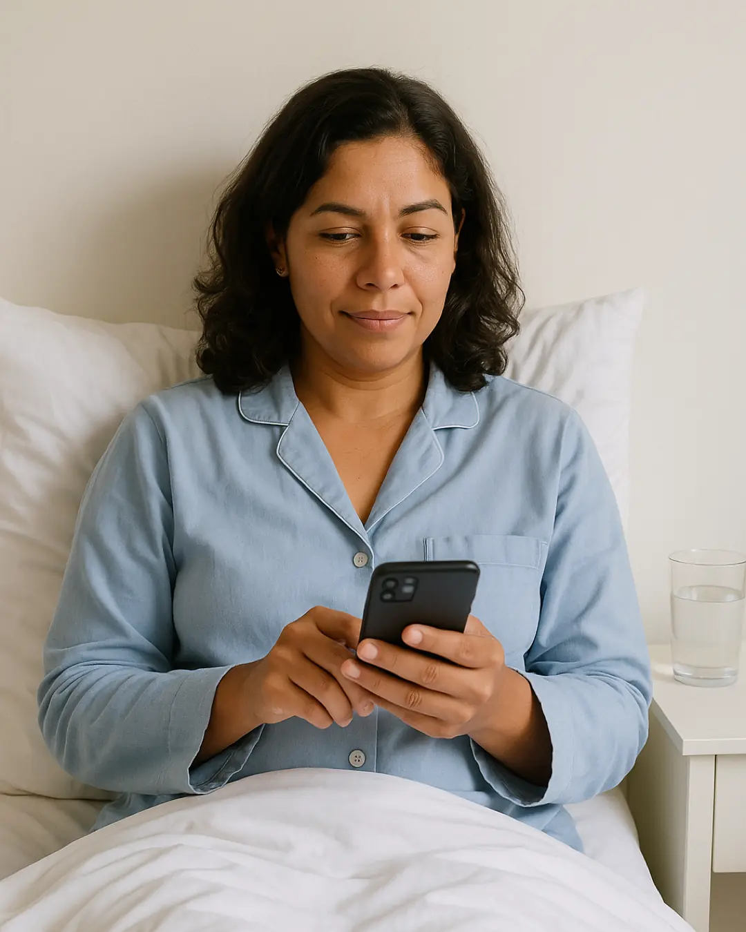 Mulher em casa, no pós-operatório, mandando mensagem pelo celular